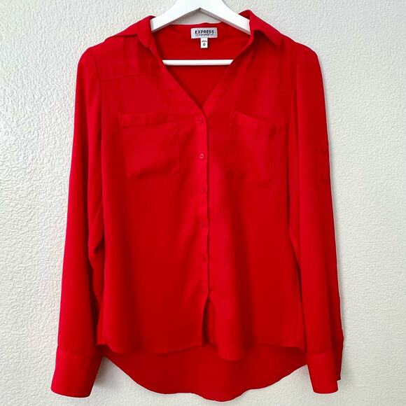EXPRESS Womens Red The Portofino Shirt Button Down Blouse Top Size XS Workwear - Picture 1 of 8